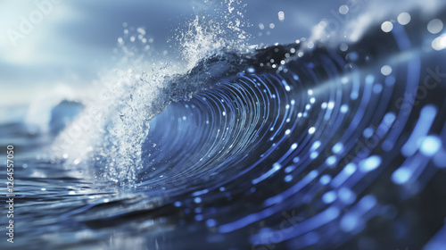 dynamic digital wave with glowing blue energy flows through ocean, capturing essence of futuristic technology and nature power