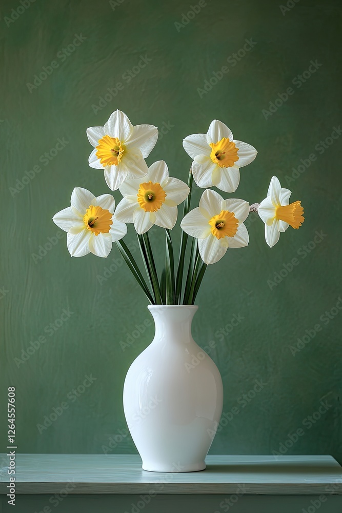 Daffodils in vase, green backdrop, still life Daffodils in vase, green backdrop, still life