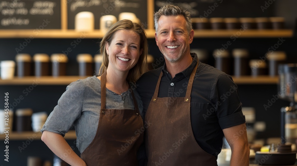 Happy coffee shop owners smiling behind the counter in a cozy café with a warm ambiance, showcasing a friendly and inviting atmosphere for customers. Happy coffee shop owners smiling behind the counter in a cozy café with a warm ambiance, showcasing a friendly and inviting atmosphere for customers.