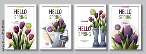 Hello Spring flyer set with rubber boots with tulips and watering can with purple flowers. Spring time, nature, gardening. Vector illustration for banner, advertising, promo, sale