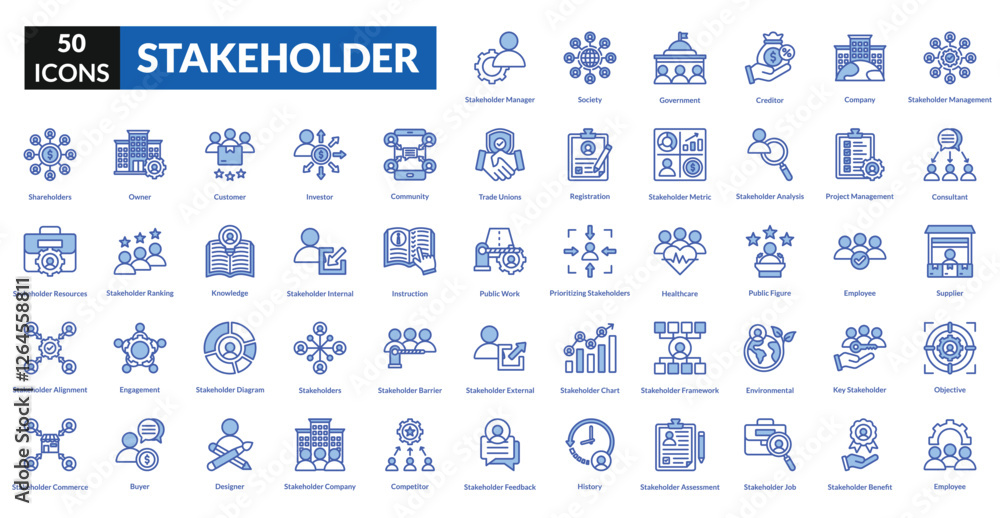 Stakeholder blue icon collection set. Includes collaboration, partnership, influence, engagement, responsibility, expectation, feedback, impact, alignment, network, negotiation, leadership, community Stakeholder blue icon collection set. Includes collaboration, partnership, influence, engagement, responsibility, expectation, feedback, impact, alignment, network, negotiation, leadership, community