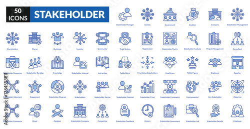 Stakeholder blue icon collection set. Includes collaboration, partnership, influence, engagement, responsibility, expectation, feedback, impact, alignment, network, negotiation, leadership, community