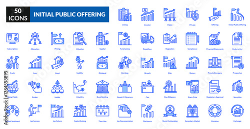 Initial public offering blue icon collection set. Includes stock, investment, shares, capital, finance, equity, market, trading, growth, listing, valuation, investor, exchange, fundraising, business