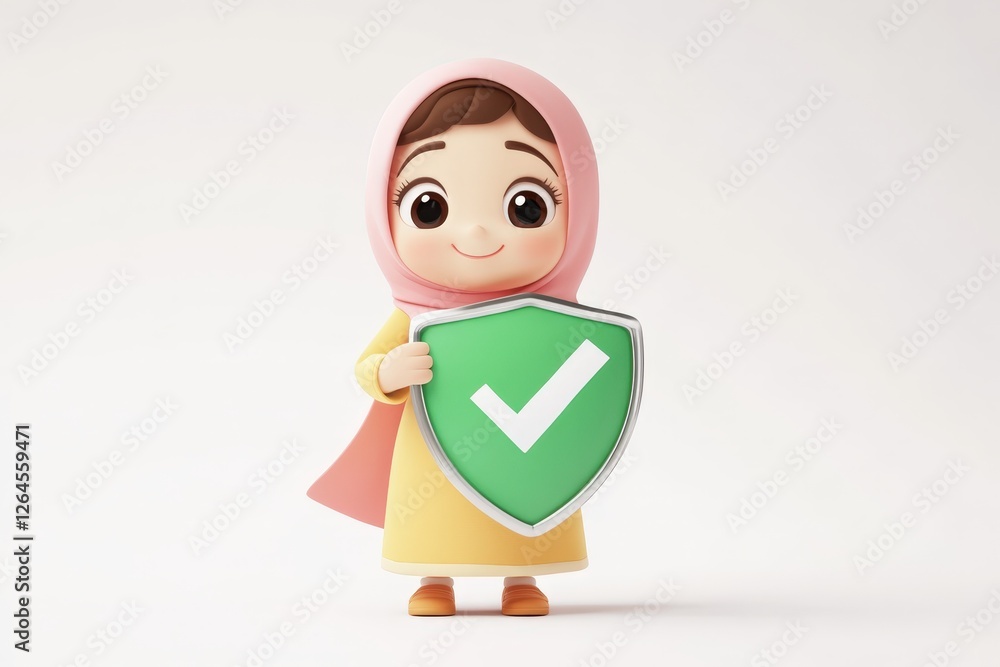 3D Cartoon Muslim Girl in Hijab Showing Check Mark Shield, Symbolizing Protection and Approval. 3D Cartoon Muslim Girl in Hijab Showing Check Mark Shield, Symbolizing Protection and Approval.