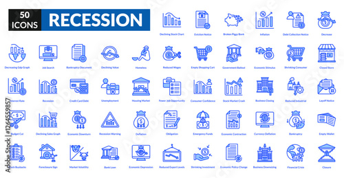Recession blue icon collection set. Includes crisis, unemployment, inflation, downturn, poverty, savings, bankruptcy, decline, debt, layoffs, budget, uncertainty, economy, deficit