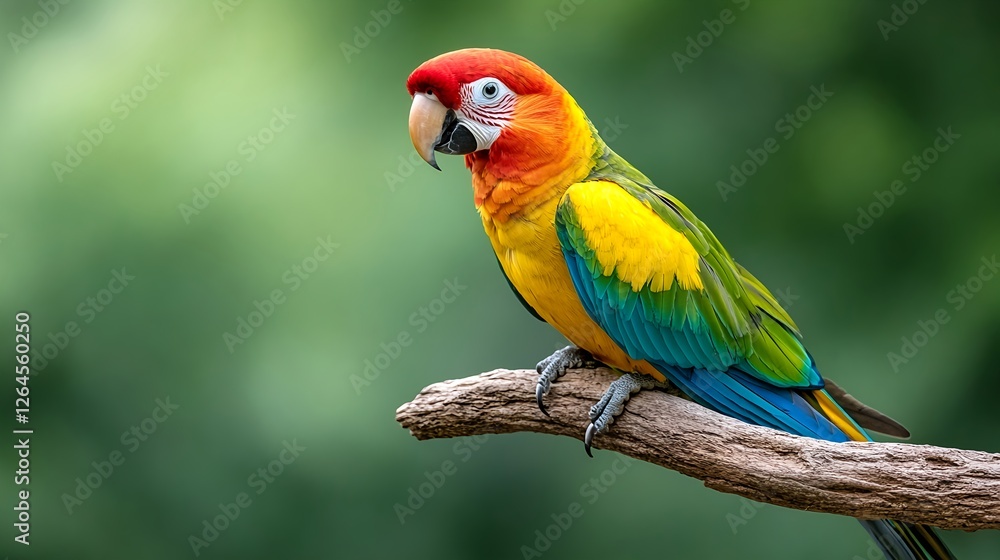 Obraz premium Colorful Macaw Parrot On Branch Against Blurred Green Background