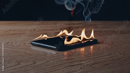 机の上で燃えているスマートフォン