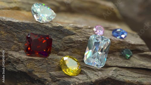 A dazzling 4K footage video showcasing radiant gemstones shimmering against a rugged stone backdrop. Light reflections dance across their facets, creating an elegant, luxurious, and mesmerizing visual