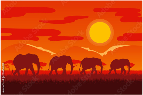 A vector silhouette of an elephant strolling through the grasslands, framed by the vast African forest beneath a warm, glowing evening sky, orange sky