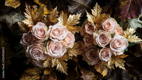 Two blush pink rose bouquets with gold leaves, autumnal backdrop.  Possible use Romantic, floral, wedding, or autumn design concept photo