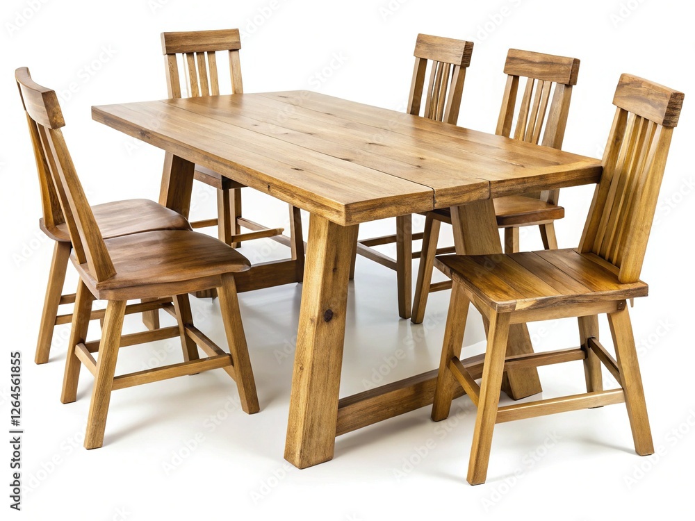 Fototapeta premium Rustic Wooden Dining Table & Chair Set, Isolated on White Background - Perfect for Home Decor