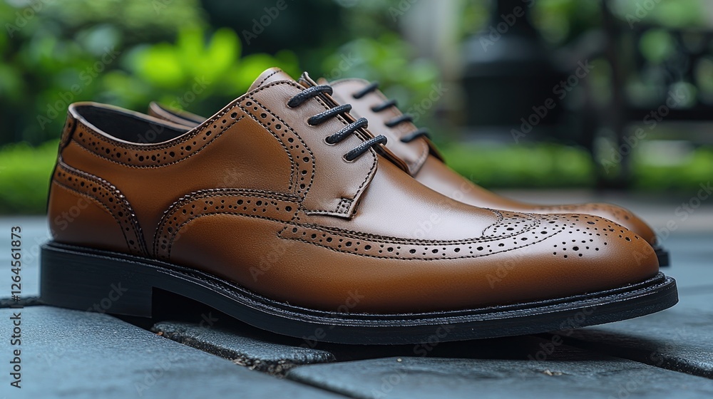 Elegant brown leather shoes displayed on a stone surface with greenery in the background