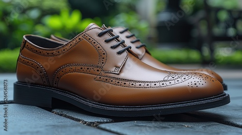 Obraz na płótnie Elegant brown leather shoes displayed on a stone surface with greenery in the background w salonie