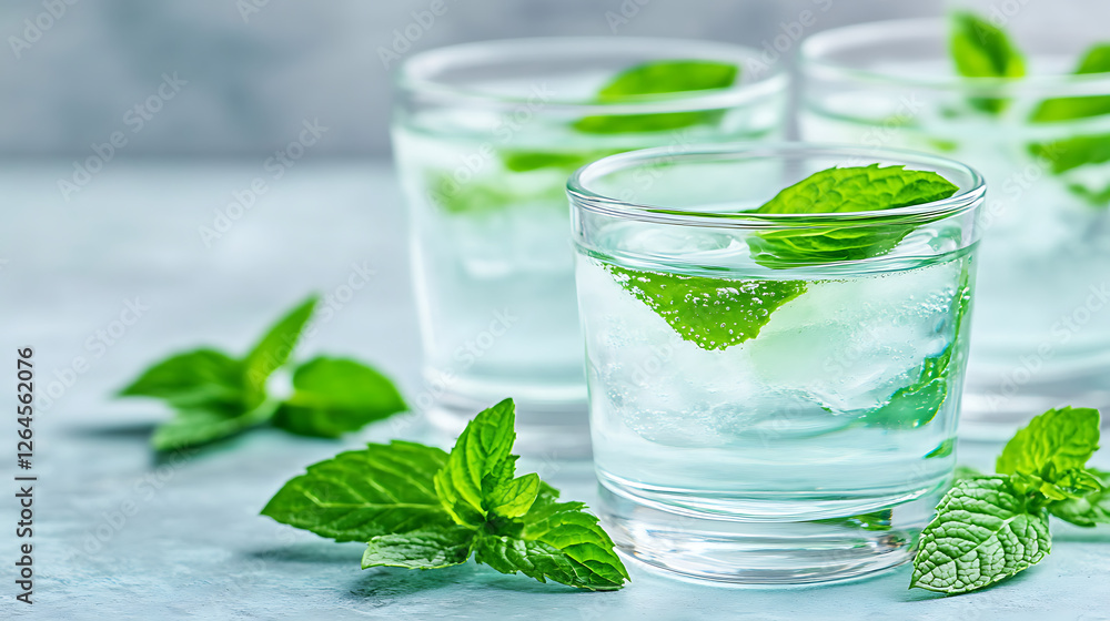 Fototapeta premium Refreshing Mint Infused Water in Clear Glasses with Ice Cubes and Mint Leaves Garnish Closeup