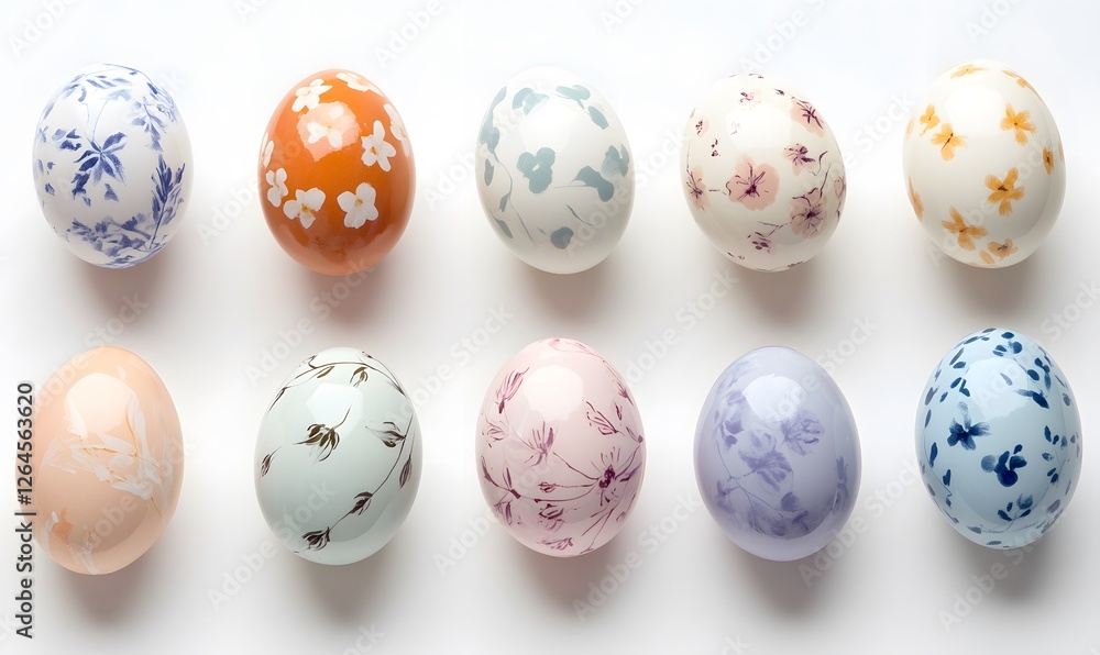 A collection of pastel-painted eggs with delicate floral patterns, Generative AI A collection of pastel-painted eggs with delicate floral patterns, Generative AI