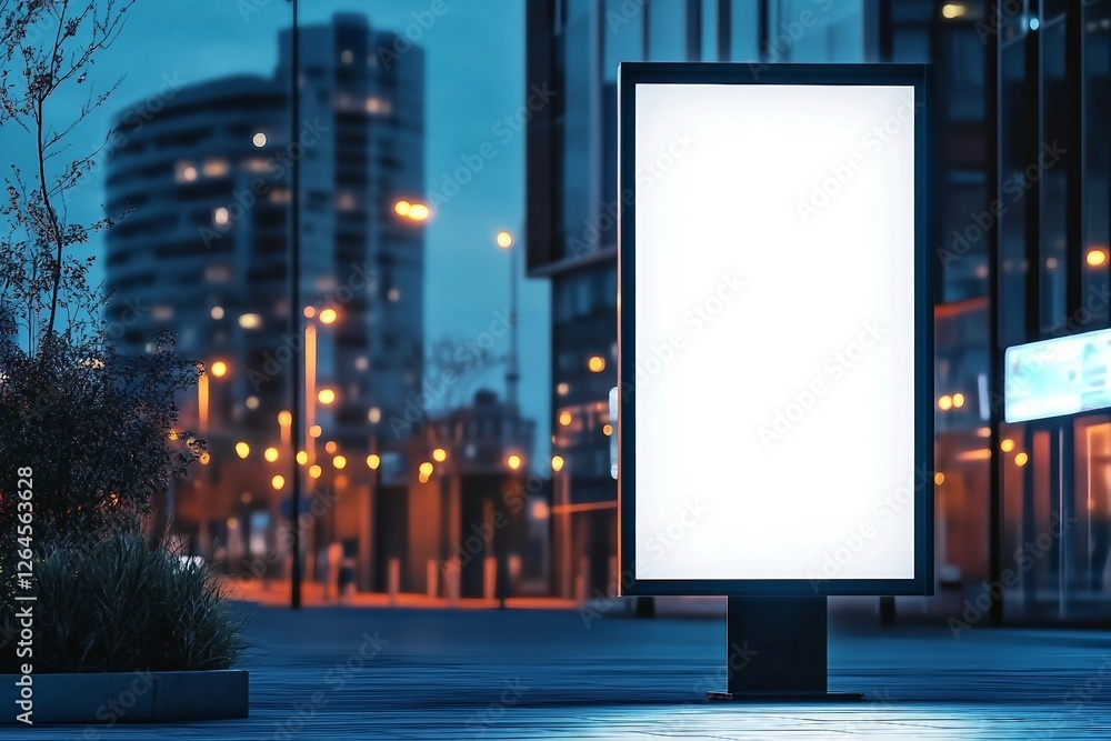 Blank advertising stand at night against office building. 3d rendering Blank advertising stand at night against office building. 3d rendering
