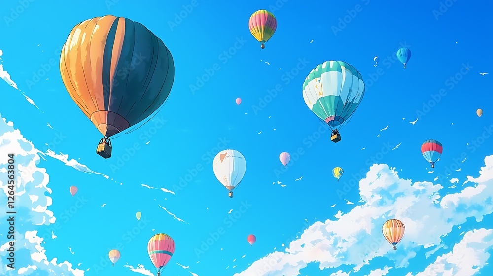 Obraz premium Colorful Hot Air Balloons Floating in a Bright Blue Sky with Fluffy White Clouds