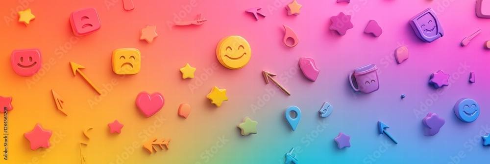 Colorful collection of playful icons and shapes arranged on a vibrant gradient background with joyful expressions. Generative AI