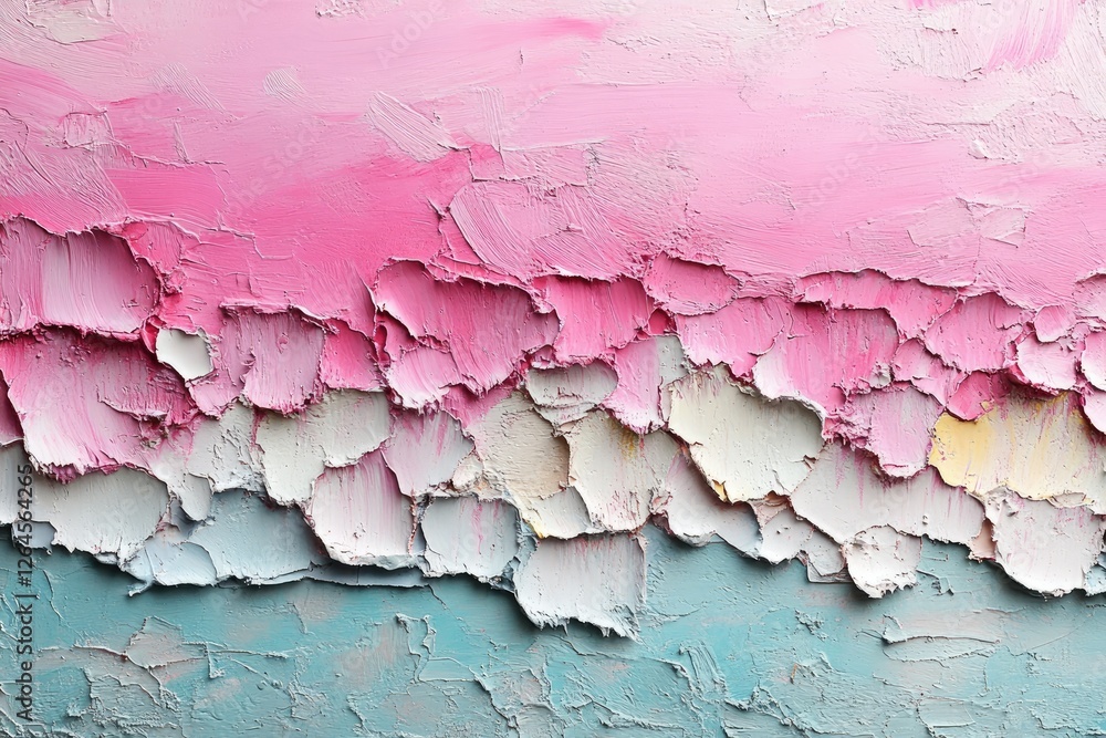 Abstract textured painting featuring layers of pink, white, and blue colors resembling a sunset Abstract textured painting featuring layers of pink, white, and blue colors resembling a sunset