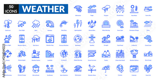 Weather blue icon collection set. Includes sunshine, rain, storm, clouds, snow, temperature, wind, thunder, forecast, humidity, lightning, breeze, weather vane, precipitation, barometer
