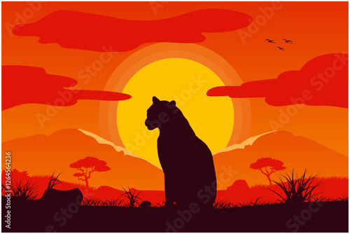 A natural silhouette of a tiger sitting peacefully against the warm glow of the sunset, orange sky