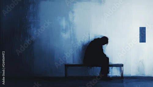 Depressed Person Sits Alone on Bench in Abstract Interior photo