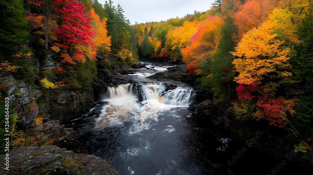 Autumn Waterfall Landscape with Vibrant Red Orange Yellow Foliage