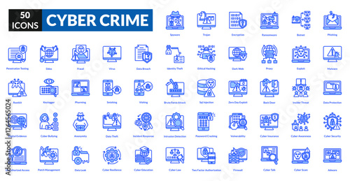 Cyber crime blue icon collection set. Includes hacker, malware, phishing, ransomware, spyware, breach, fraud, firewall, encryption, password, identity, scam, virus, threat, surveillance