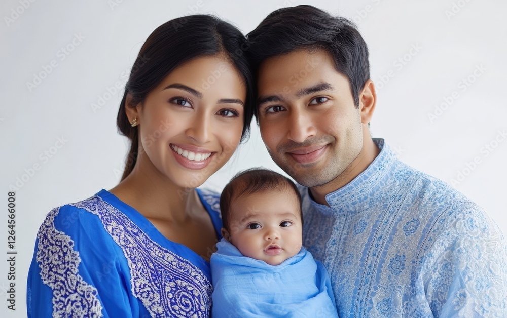 Happy Indian Family with Baby in Matching Blue Dress Photo.Fictional Character Created By Generative AI Happy Indian Family with Baby in Matching Blue Dress Photo.Fictional Character Created By Generative AI