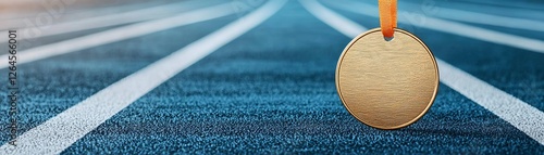 Close-up of a gold medal on a blue running track, symbolizing achievement and victory. photo