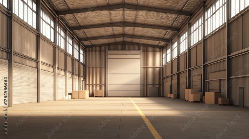 Spacious warehouse interior, sunlight, empty floor, cardboard boxes Spacious warehouse interior, sunlight, empty floor, cardboard boxes