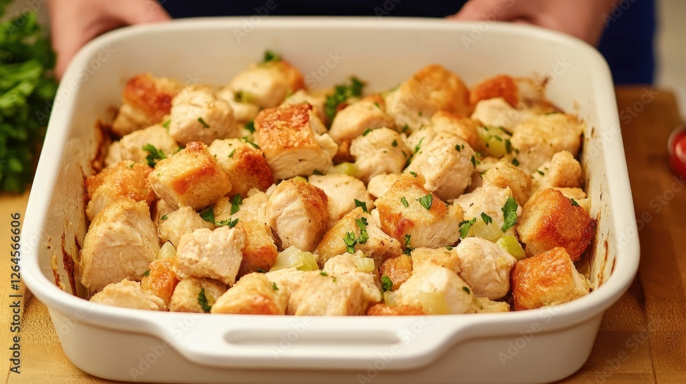 Chicken Bites in Casserole White Pan Closeup Photo, Ready to Be Eaten and Enjoyed. Chicken Bites in Casserole White Pan Closeup Photo, Ready to Be Eaten and Enjoyed.