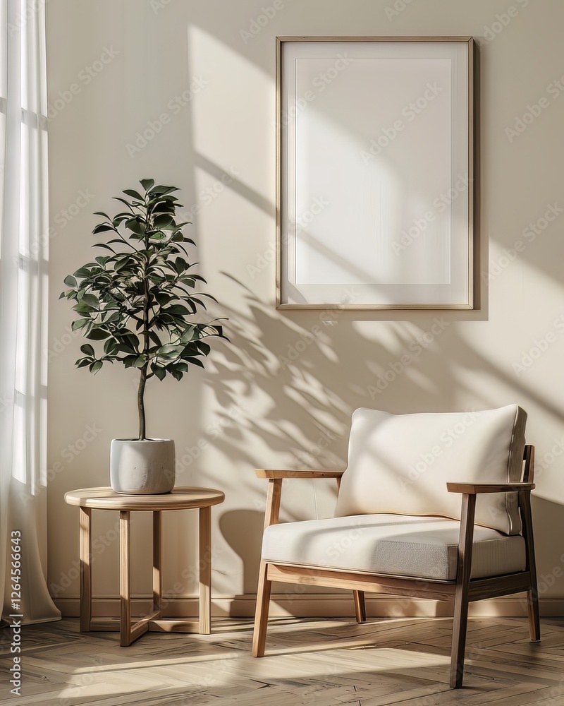 Minimalist living room with empty frame and mid-century modern chair Minimalist living room with empty frame and mid-century modern chair