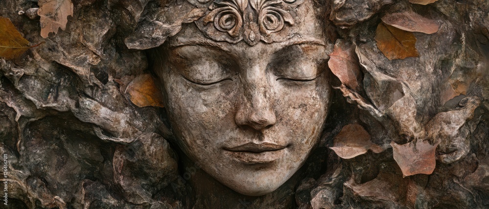 Nature sculpture of a serene woman’s face surrounded by leaves in earthy tones, representing tranquility and environmental art in harmony with nature. Nature sculpture of a serene woman’s face surrounded by leaves in earthy tones, representing tranquility and environmental art in harmony with nature.