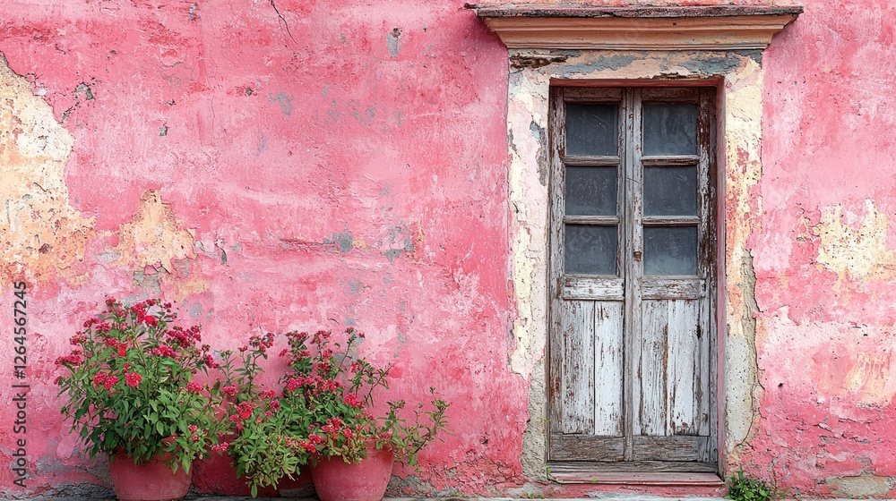 Weathered wooden door against a vibrant pink wall with blooming flowers in pots nearby Weathered wooden door against a vibrant pink wall with blooming flowers in pots nearby