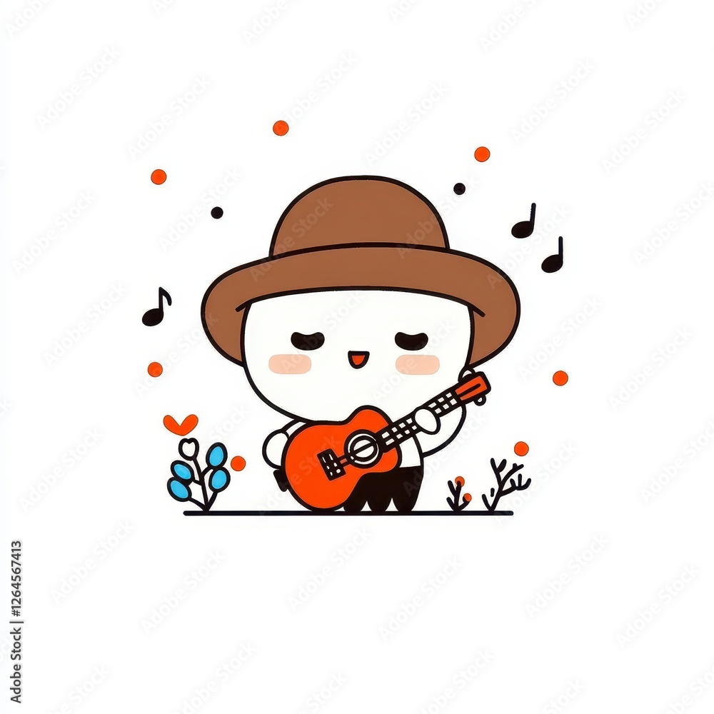 Fototapeta premium Cute Cartoon Character Playing Guitar With Brown Hat