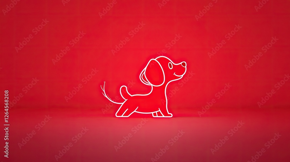 Neon outline of a playful dog against a vibrant red background, highlighting joy and creativity Neon outline of a playful dog against a vibrant red background, highlighting joy and creativity