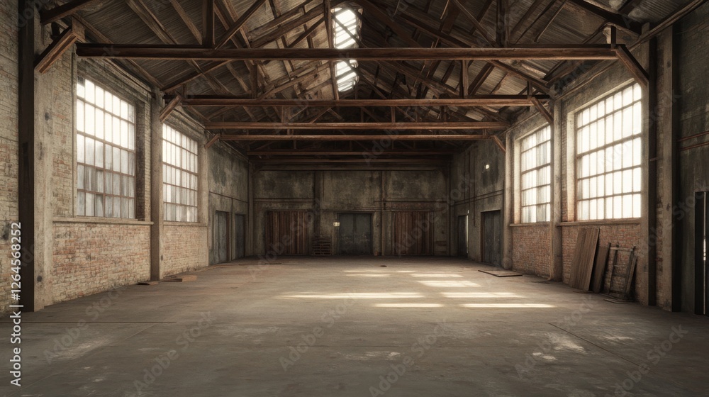Sunlit empty warehouse interior, brick walls, wood beams. Industrial space, potential renovation Sunlit empty warehouse interior, brick walls, wood beams. Industrial space, potential renovation
