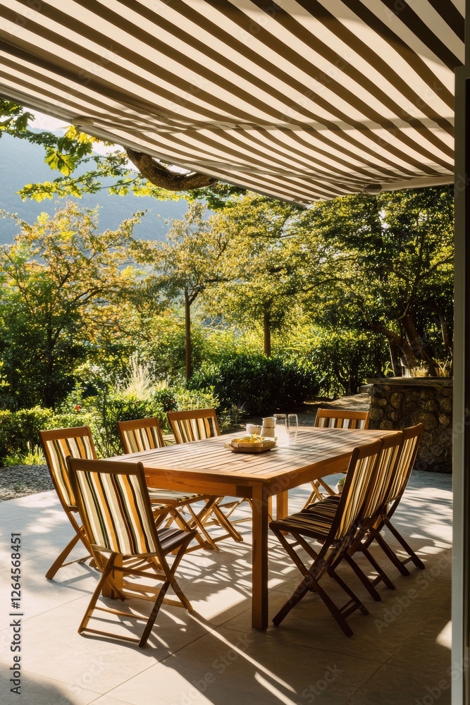 Fototapeta premium Outdoor dining area with wooden table and chairs under striped awning in lush garden setting, ideal for gatherings and backyard entertaining.
