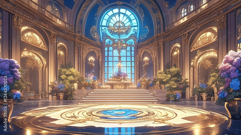 Obraz premium Gold hall with stair and floor pattern, floral decor, sunlit sky view