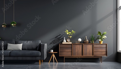Modern interior with dark gray tones, sofa, sideboard, and ample copy space.