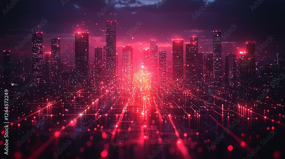 Digital cityscape with interconnected network grid and glowing lights Digital cityscape with interconnected network grid and glowing lights