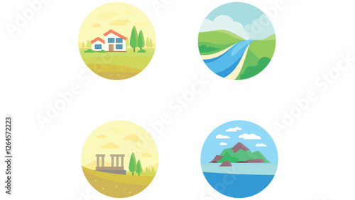 Nature and scenary circular vector illustration with light colors