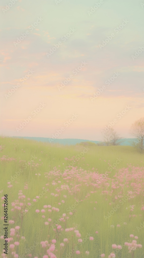 Obraz premium Pastel wallpaper spring hill flower grass field.