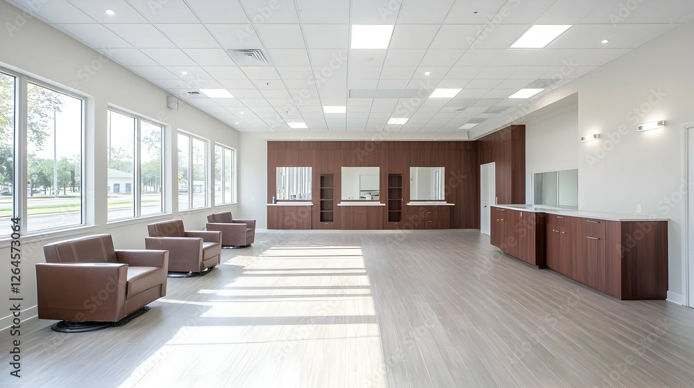 Fototapeta premium Bright Empty Waiting Room With Wood Paneling And Brown Chairs