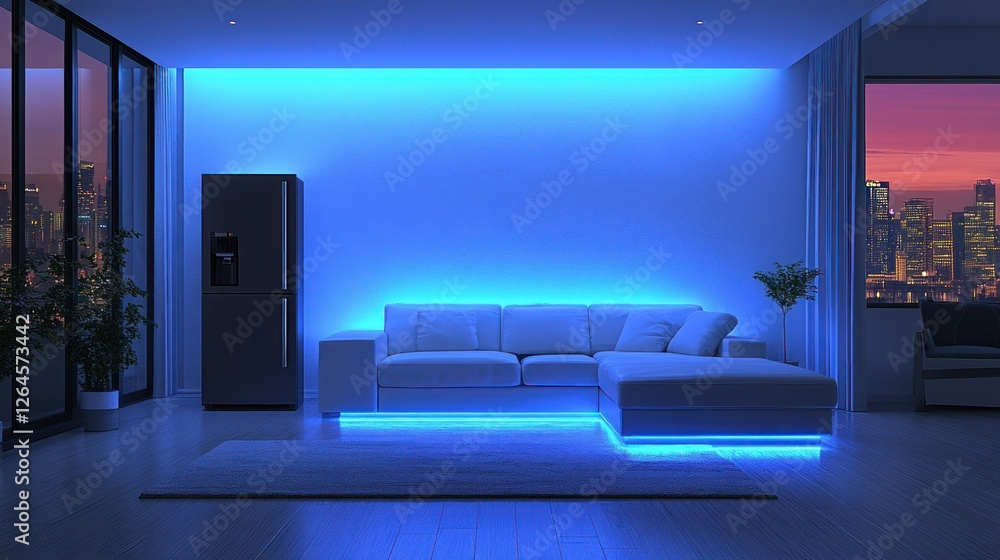 Modern Apartment Living Room with LED Lighting and City View Modern Apartment Living Room with LED Lighting and City View