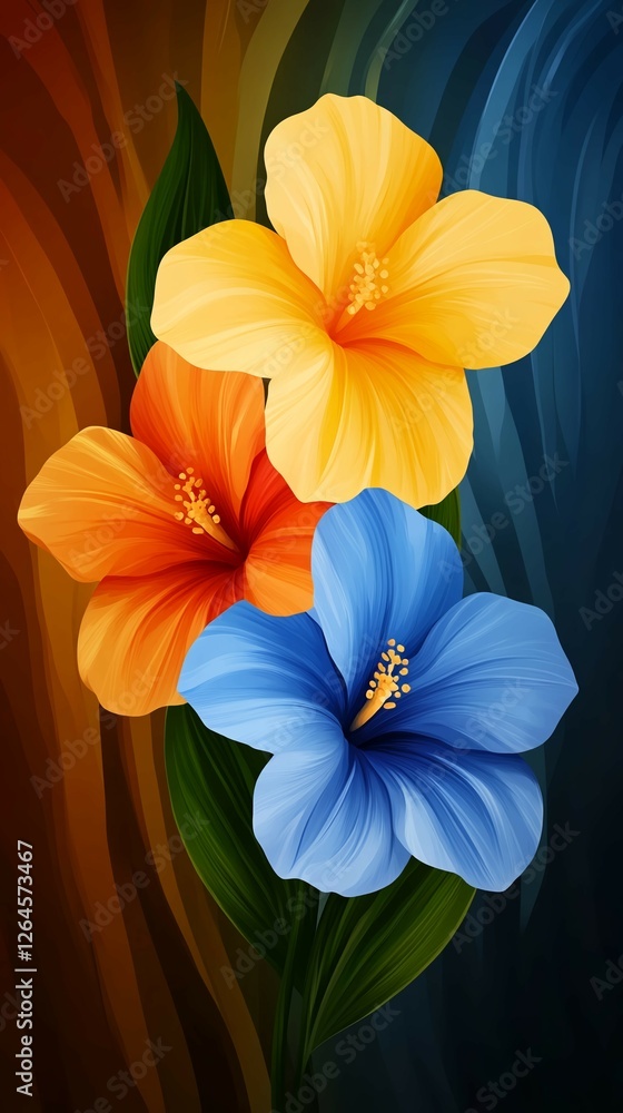 Fototapeta premium Multicolored hibiscus flowers on a wavy background
