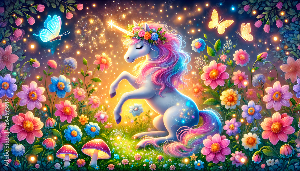 Naklejka premium Magisches Einhorn in einem Blumenwunderland