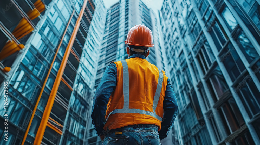 worker in helmet and uniform looks at construction of glass skyscrapers view from below worker in helmet and uniform looks at construction of glass skyscrapers view from below