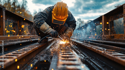 Worker with protective mask welding metal in workshop photo